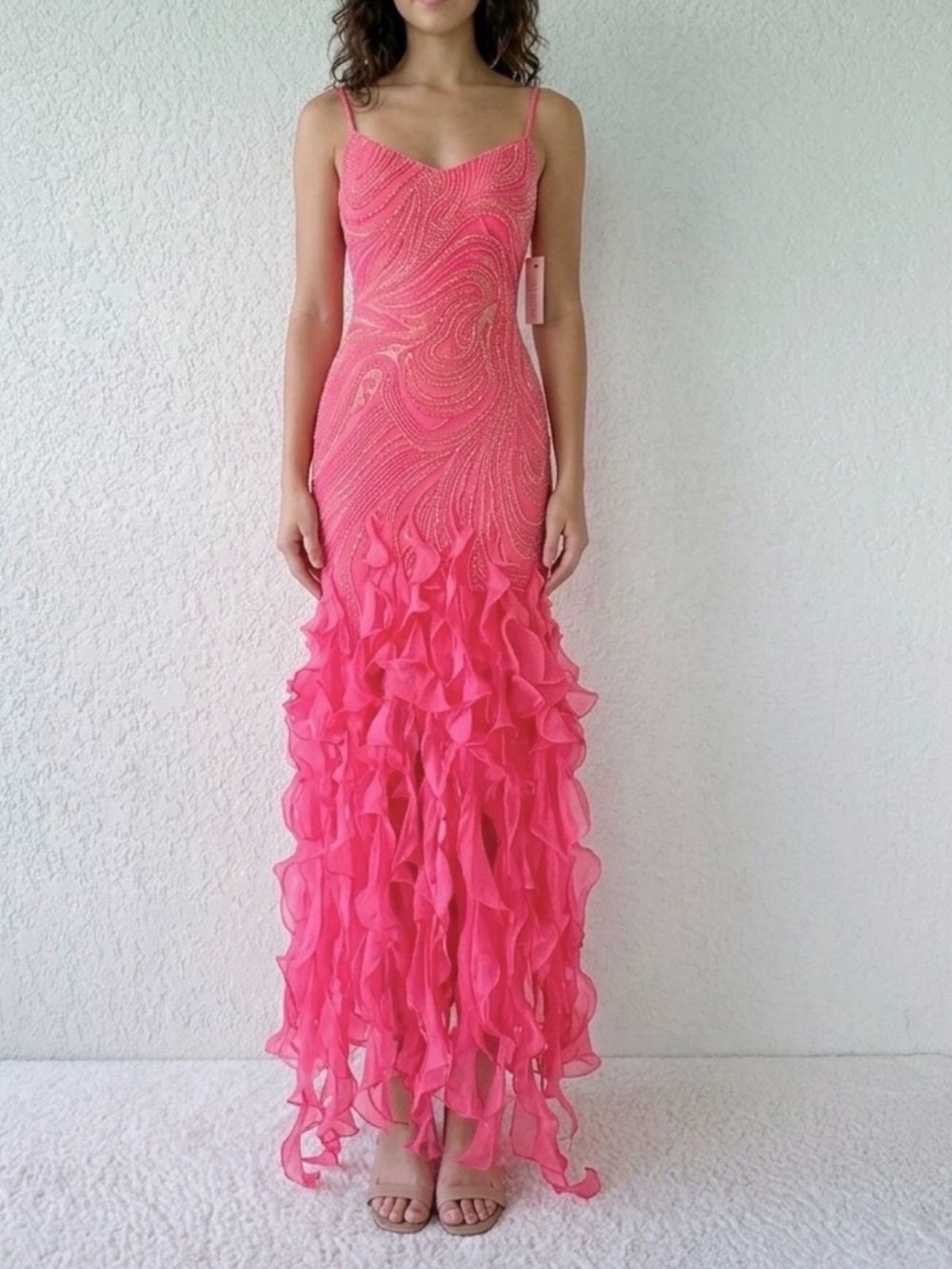 Vintage Beaded Coral Mermaid Evening Gown.